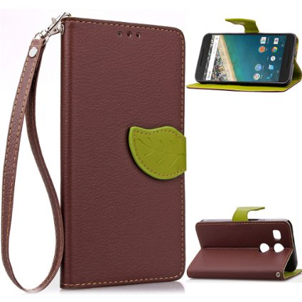 Nexus 5X CaseEnjoy Sunlight Leaf Brown Kickstand Feature Luxury Wallet PU Leather Folio Wallet Flip Case Cover Built-in Card Slots for LG Google Nexus 5X 2015