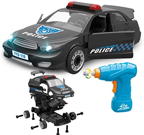 FYD Vehicle Take Apart Toys 33 Pieces Black Police Car Construction Engineering STEM Learning Building Play Set with Real Working Drill and Screws