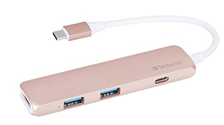 Verbatim Slim Aluminum USB-C Port Hub Adapter with Type-C Charging Port, 4K HDMI Video Output, 2 x USB 3.0, for MacBook Pro 2015/2016, Google Chromebook 2016 (Rose Gold)