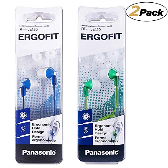 Panasonic ErgoFit Earbud Headphones RP-HJE120-A/G, (Blue Green) [2Pack]