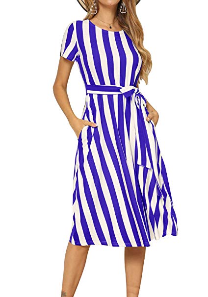 levaca Women's Short Sleeve Striped Casual Flowy Midi Belt Dress with Pockets