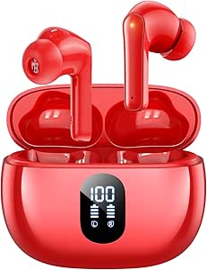 Wireless Earbuds, Bluetooth Ear Buds with Big Bass Stereo Sound, 48 Hours Playtime, Lightweight in-Ear Fit Earphones, IPX7, Hands-Free Calls with AI for iPhone, Android, Pad, Sports, Workout Red