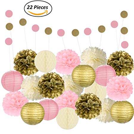 Adorable Mixed Pink, Gold & Ivory Party Decorations By Epique Occasions – Set Of Hanging Tissue Paper Flower Pom Poms, Lanterns & Honeycomb Balls For Birthday, Wedding & Party Décor-22 Pcs & String