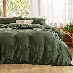 Bedsure 100% Muslin Cotton Duvet Cover Queen Size - Ultra-Soft, Breathable & Lightweight - Linen Like Gauze Comforter Cover Set with Zipper Closure and Corner Ties (Olive Green, Queen, 90"x90")