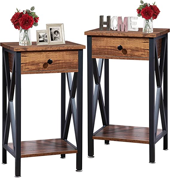 VECELO Versatile Side End Table 27.6” Tall Nightstand with Storage Shelves and Drawer for Living Room/Bedroom/Kitchen/Office, Industrial Metal Frame, Set of 2, Shelf, Dark Brown