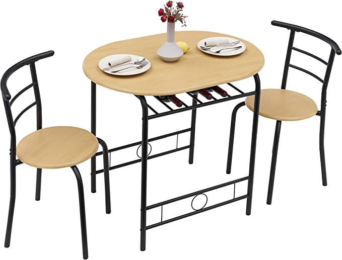 VECELO 3 Piece Wood Round Table & Chair Set for Dining Room Kitchen Bar Breakfast, with Wine Storage Rack, Space Saving, 33.5", Natural and Black