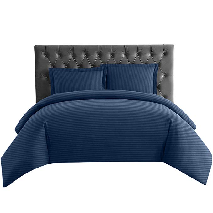 Nestl Bedding Duvet Cover 3 Piece Set – Ultra Soft Double Brushed Microfiber Bedding – Damask Dobby Stripe Comforter Cover and 2 Pillow Shams - Full/Queen 90” x 90” - Navy Blue