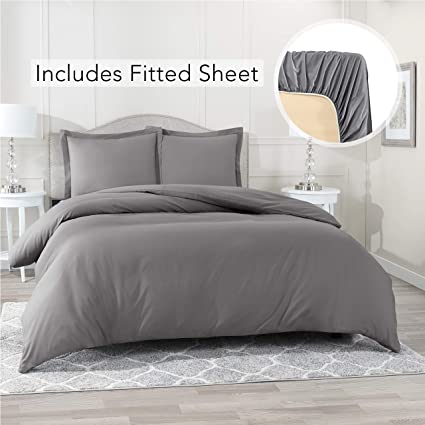 Nestl Bedding Duvet Cover with Fitted Sheet 4 Piece Set - Soft Double Brushed Microfiber Hotel Collection - Comforter Cover with Button Closure, Fitted Sheet, 2 Pillow Shams, Queen - Gray