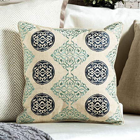 TINA'S HOME Embroidery Linen Medallion Decorative Throw Pillows with Down Feather Insert | Couch Sofa Bed Home Kitchen Accent Pillows (18 x 18 inches, Navy/Teal)