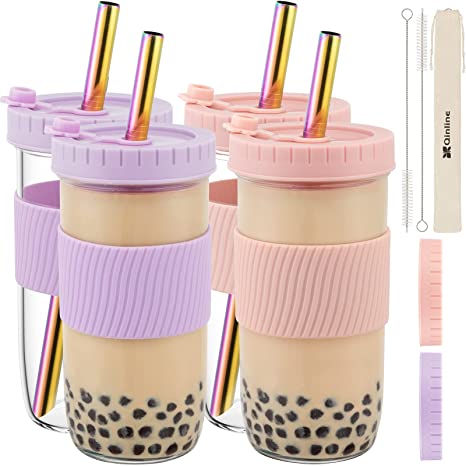 Reusable Boba Cup Bubble Tea Cup 4 Pack, 24Oz Wide Mouth Smoothie Cups with Lid, Silicone Sleeve & Angled Wide Straws, Leakproof Glass Mason Jars Drinking Water Bottle Travel Tumbler for Large Pearl