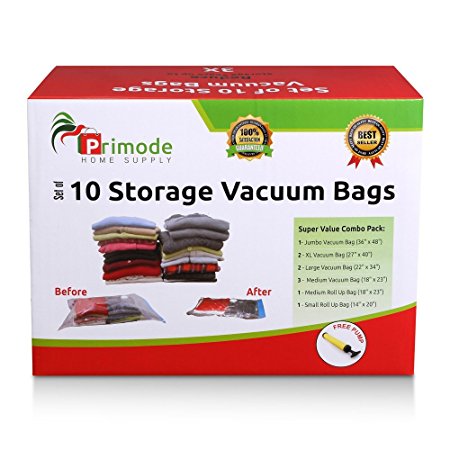 Primode 10 Count Space Saver Vacuum Storage Bags - Saves Space and Protects Clothing Easy-to-Use