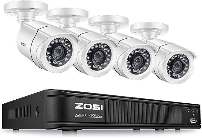 ZOSI 1080P Security Camera System for Home, CCTV DVR 4 Channel and 4 x 1080p (2MP) Weatherproof Bullet Camera Outdoor/Indoor, Remote Access, Motion Detection (No Hard Drive)