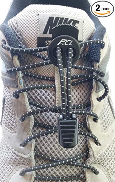 Fast Compete Laces No-tie Reflective Elastic Squeeze-Lock Shoe Laces Black (2 pair)