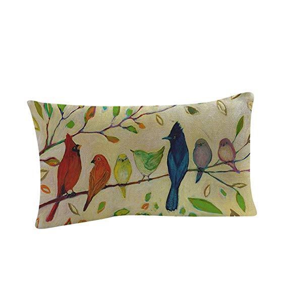 Bokeley Pillow Case, Cotton Linen Rectangle Flowers Birds Print Decorative Throw Pillow Case Bed Home Decor Cushion Cover (B)