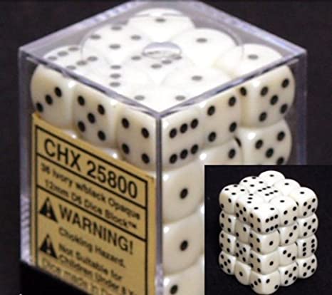 Chessex Dice D6 Sets: Opaque Ivory/Black - 12mm Six Sided Die (36) Block of Dice