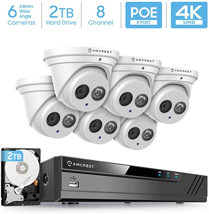 Amcrest 4K Security Camera System w/ 4K 8CH PoE NVR, 6 x 4K (8-Megapixel) IP67 Weatherproof Metal Turret Dome POE IP Cameras (3840x2160), 2.8mm Wide Angle Lens, NV4108E-T2499EW28M6-2TB (White)