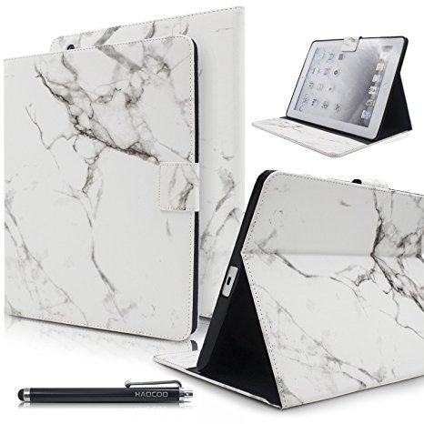 iPad Case, iPad 2/3/4 Case, HAOCOO Stylish Art Printed Flip PU Leather Stand Protective Case with Card Slots [Buckle for Secure Closure] for Apple iPad 2/3/4 Generation (9.7 Inch) (White Marble)