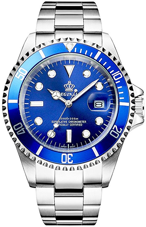 REGINALD Men's Luminous Watch Rotatable Bezel Sapphire Glass Blue Dial Stainless Steel Quartz Watches 40M