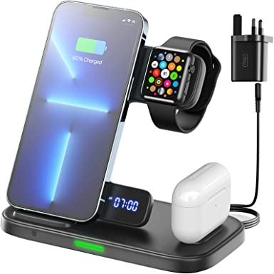 INIU 3 in 1 Wireless Charger Station, 15W Wireless Charging Stand & Clock & Sleep-friendly Adaptive Light with Plug for iPhone 14/13 /12/11 /Pro Max/Mini AirPods 3/2/1/pro iWatch Series 7/6/5/4/3