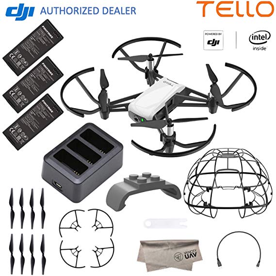 DJI Tello Quadcopter Drone Boost Combo with HD Camera and VR, Comes DJI 3 Batteries, 8 Propellers, Protective Cage, Adapter, 14-Core Processor, Coding Education, Throw and Fly