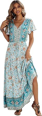 R.Vivimos Womens Summer Floral Print Cotton Short Sleeve Flowy Dress