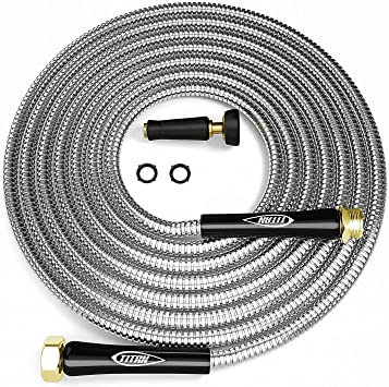 TITAN 200FT Metal Garden Hose - Flexible Water Hose with Solid 3/4" Brass Connectors 360 Degree Brass Jet Sprayer Nozzle - Lightweight Kink Free Strong and Durable Heavy Duty 304 Stainless Steel