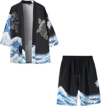 PRIJOUHE Mens Japanese Kimono Coat Suits Loose Open Front Seven Sleeve Kimono Cardigan Jacket with Shorts