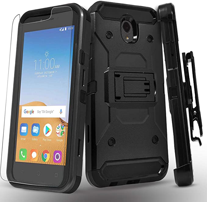 Alcatel Avalon V Phone Case, TCL LX Phone Case, Alcatel IdealXtra 5059R Case, Alcatel 1X Evolve, With[Tempered Glass Screen Protector]Full Cover Heavy Duty Cover with Kickstand Locking Belt Clip-Black