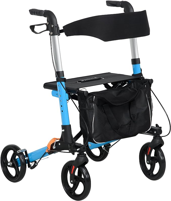 HOMCOM Déambulateur pliant avec siège et dossier 4 roues - pliable réglable avec sac de rangement - freins à main - bleu et noir