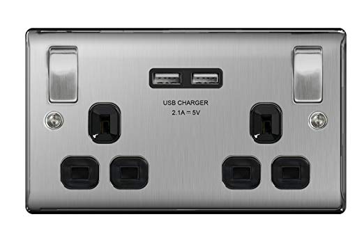 Masterplug NBS22UB Brushed Steel Twin Socket with USB Charger Ports - Black Insert