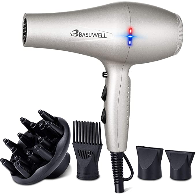 Basuwell Hair Dryer Professional 2100W Salon Hairdryer Ionic Far Infrared 2 Speed 3 Heat Cool Shot Setting AC Motor Blow Dryer With Diffuser/Concentrator/Comb Air Nozzle - UK Plug Silver