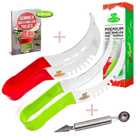Chef's Path Premium 2-PACK Watermelon Slicer Corer Server Tongs Bundle,As Seen On TV,Soft Grip Handles,Cake Melon Cantaloupe Cutter,FREE 2in1 Melon Scoop/Baller&Fruit Carving Knife,Summer Gift Ebook