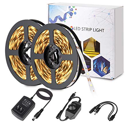 YIPBOWPT Warm White Led Strip Lights 600 LEDs SMD 2835 Tape Light Kit with UL Power Supply and Dimmer 32.8ft Dimmable Led Light Strip for Home Kitchen TV