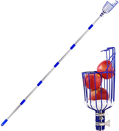 Ohuhu Fruit Picker, 8 FT Height Adjustable Fruit Picker Tool with Big Basket, Reusable Light-Weight Stainless Steel Pole to Pick Apple, Orange, Pear, Mango Picker for Garden Patio