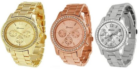 3 PACK Geneva Silver Gold and Rose Gold Plated Classic Round CZ Ladies Boyfriend Watch