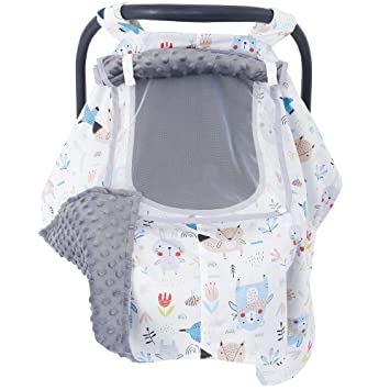 Car seat Covers for Babies,Car Seat Warm Windproof Cotton and Fleece Canopy for Newborn Infant Boy Girl Carrier,2 Layers Windows Baby Carrier Cover,Grey Minky