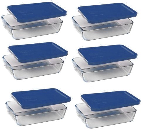 Pyrex 3-cup Rectangle Glass Food Storage Set Container Dark Blue Plastic Cover (Pack of 6 Containers)