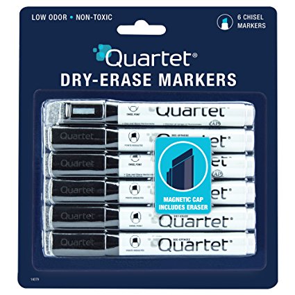 Quartet Dry-Erase Markers with Cap-Mounted Eraser, Chisel Tip, Low Odor, Black, 6-Pack (14079)