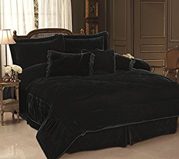 7 Piece Queen Black Velvet Comforter Set