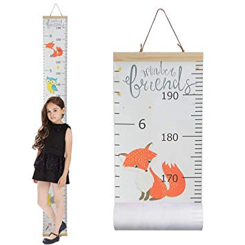 Growth Chart for Kids,Wall Nursery Decor with Canvas & Wood Frame Handing Removable Wall Ruler, Cartoon Height Measurement, Scale, Ruler Decor for School Kids Room Bathroom 79"x7.9" (Fox)