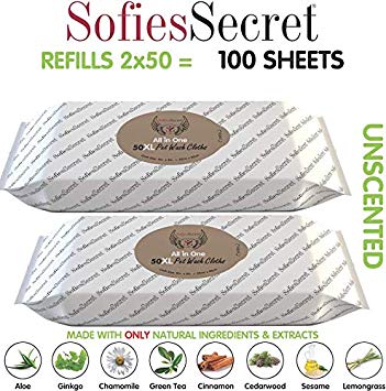 SofiesSecret Pet Wipes for Dogs+Cats, 100XL Wipes (2x50), UNSCENTED, All in ONE Grooming, 100% Natural Oils & Extracts, Extra Thick, Ultra Soft, Extra Large, Cruelty Free & Vegan