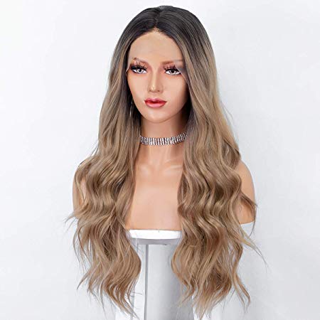 Persephone Dark Blonde Lace Front Wig with Dark Roots Long Wavy Ombre Wig Brown Synthetic Wigs for Women Heat Resistant 22 Inches