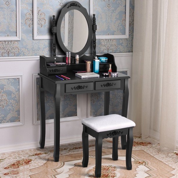 Costway Vanity Wood Makeup Dressing Table Stool Set bathroom with Mirror + 4Drawers Black/White