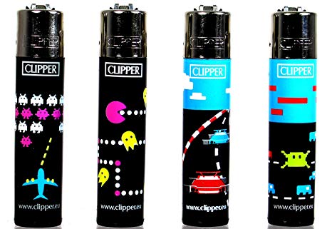 Four Clipper Refillable Butane Lighters, Classic Video Game Design (4)