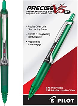 Precise V5 RT Refillable & Retractable Liquid Ink Rolling Ball Pens, Extra Fine Point (0.5mm) Green Ink, 12-Pack