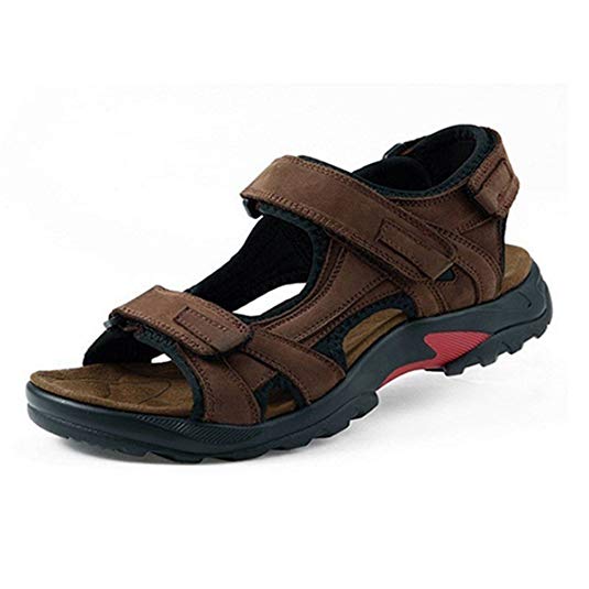 gracosy Mens Leather Sandals Outdoor Hiking Walking Trekking Shoes Summer Sports Athletic Footwear Open Toe Gladiator Beach Flat Sandals Velcro Straps Flip Flops Non-Slip Casual Shoes