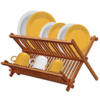 Bamboo Dish Drying Rack, Collapsible Kitchen Folding Plate Holder with 21 Slots by Pipishell