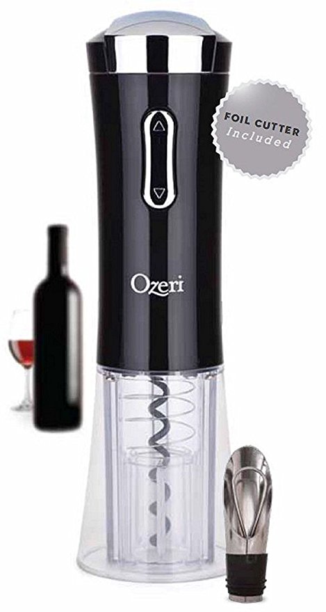 Ozeri Nouveaux II Electric Wine Opener in Black, with Foil Cutter, Wine Pourer and Stopper