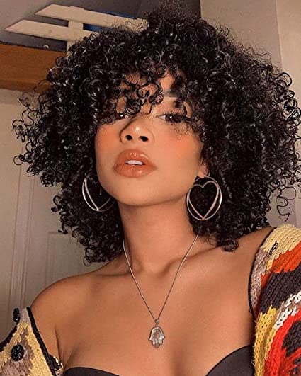 Afro Curly Wigs with Bangs Short Kinky Curly Wig for Black Women Black Synthetic Afro Curly Hair Heat Resistant Full Wig(Black)