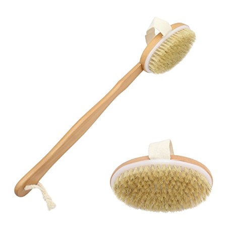 MAGGIFT Removable Natural Boar Bristle Long Handle Body Brush For Dry Skin Brushing, Remove Dead Skin And Toxins, Scrub And Exfoliation Shower Brush Massage Scrubber. Dry Skin Body Brush, 16 inch